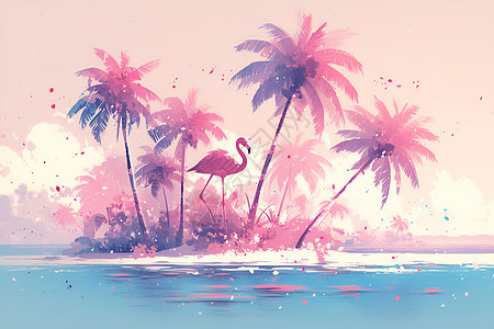 小岛上的粉色火烈鸟图片