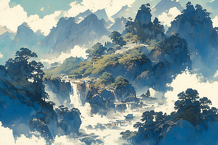 水墨山水风景插画图片