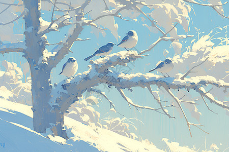 冬日白雪树枝上观鸟图片