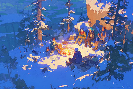 冬夜篝火中的好友相伴图片