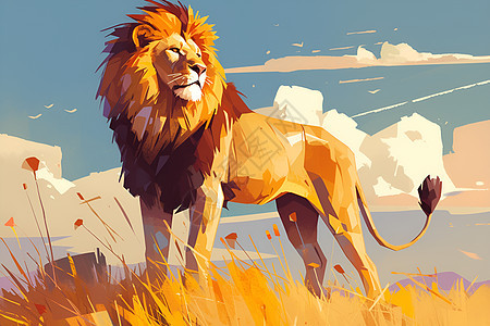 雄狮威武地站在大草原上图片