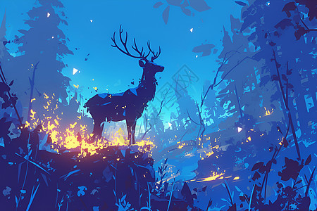 夜晚森林里的小鹿图片