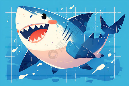 微笑的小鲨鱼在蓝色的水中游动图片