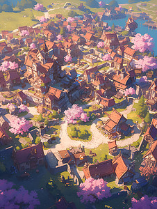 粉色樱花下的中世纪村庄图片