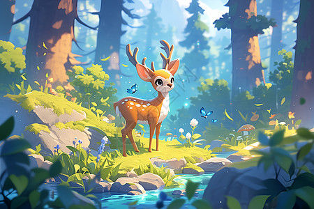 森林仙境小鹿插画图片