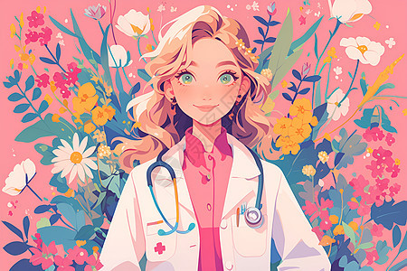 女医生在花卉背景中图片