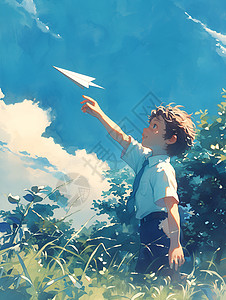 快乐的男孩在田野中放纸飞机图片