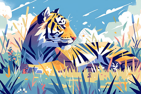 草地上的老虎插画图片