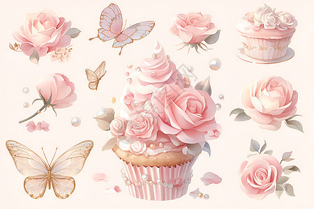 粉色花朵装点的蛋糕图片