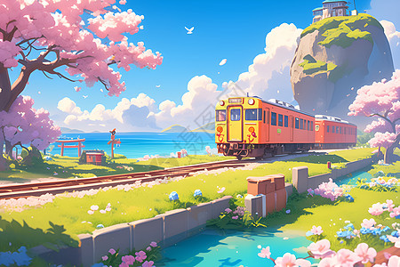 粉红色火车穿过樱花图片