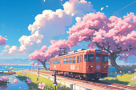 火车穿行在春天里图片