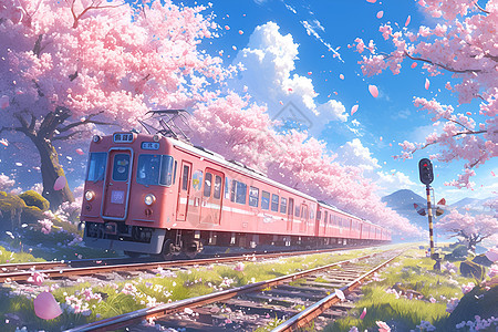 樱花列车穿越春日美景图片