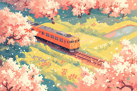 樱花林中的列车图片