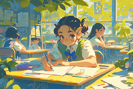 写字勤奋学习的女孩插画