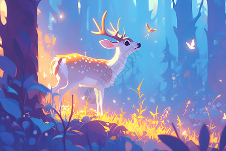 森林中的鹿儿插画图片