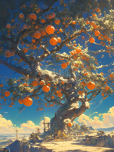 树木上的柿子插画图片