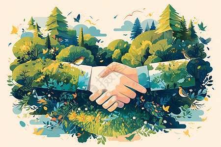 森林中握手的人图片