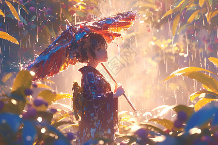 小女孩在雨中撑着伞图片