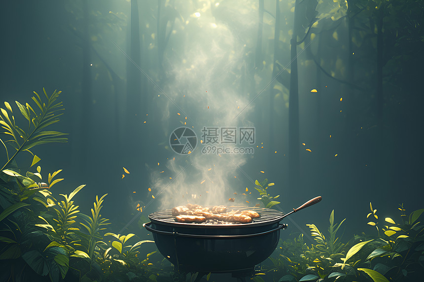 森林中的食物烤架图片