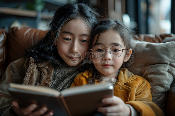 正在看书的母女图片