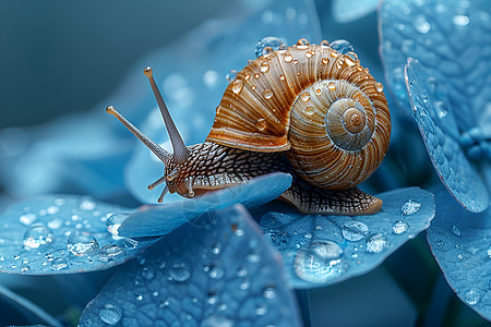 蓝色植物上的可爱蜗牛图片