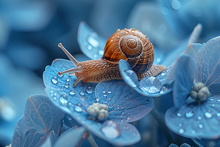 植物上的可爱蜗牛和水滴图片