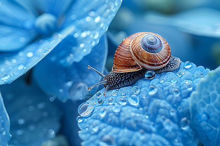 蓝色植物上的蜗牛图片