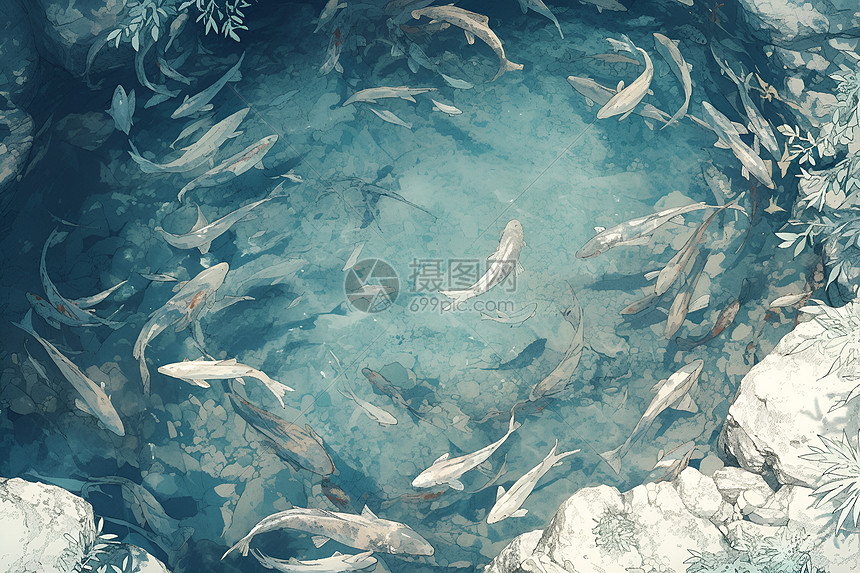 水域中的鱼群图片