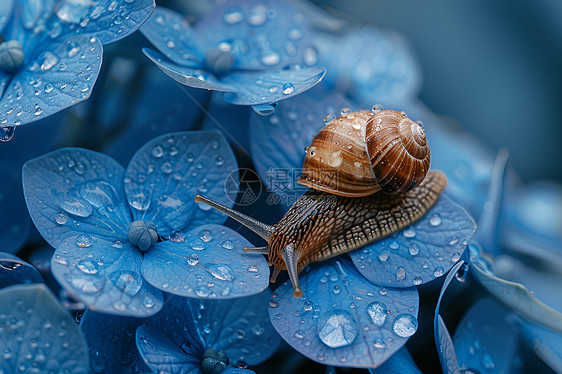 蓝色花瓣上的蜗牛图片