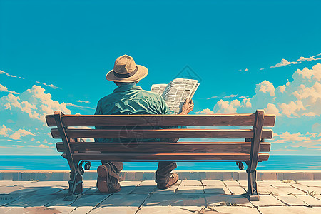 老人坐在长凳上看报纸图片