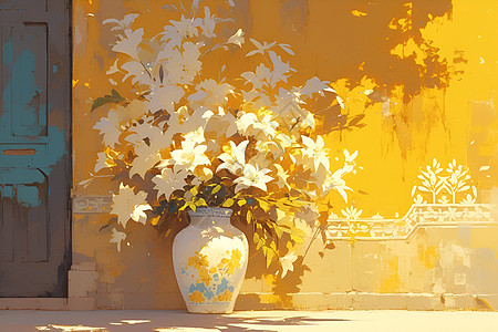 黄色墙壁前的盆栽图片