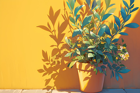 一盆植物和黄色墙壁图片