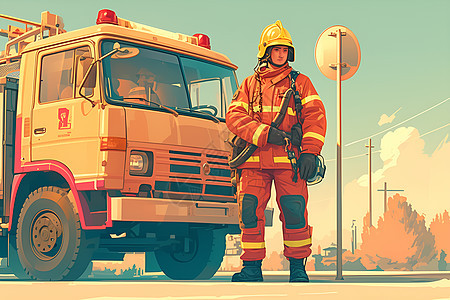 消防员站在消防车旁图片