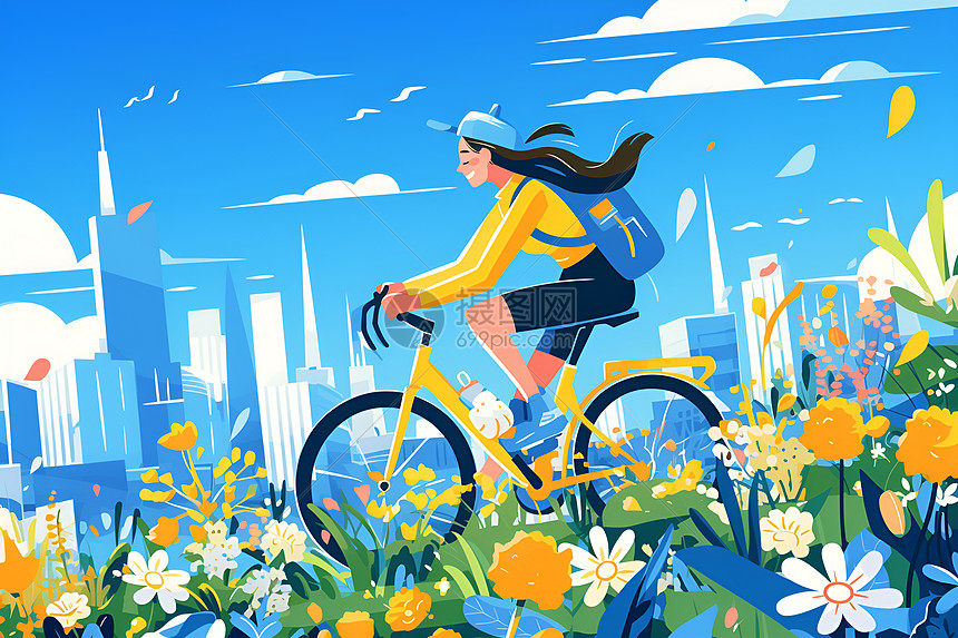 自行车女骑手在花海中图片