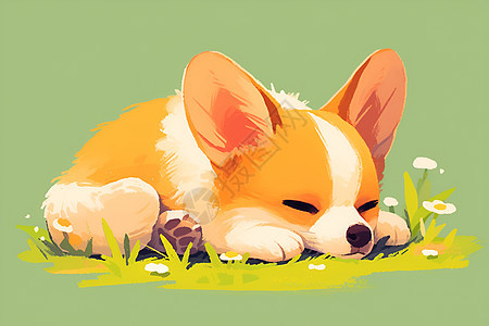 可爱的柯基犬躺在草坪上图片