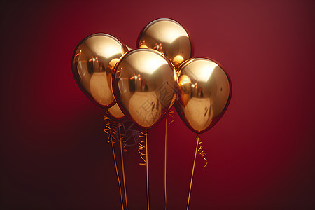 酒红背景下四个金色充气气球图片