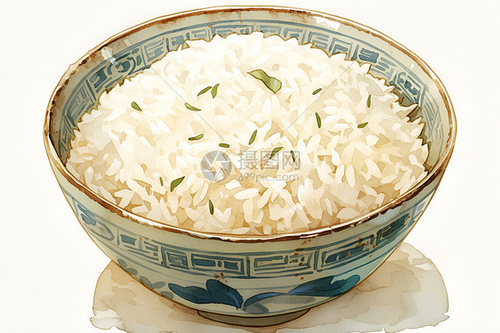 精美瓷碗中盛着白米饭图片