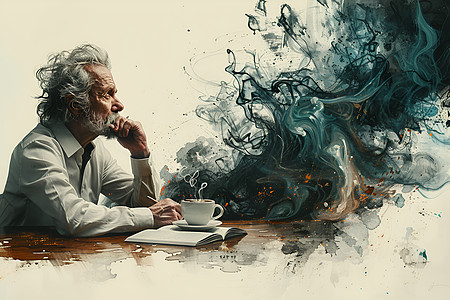黑咖啡的香气冲击着沉思的老人图片