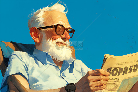 晨光下的白发老人读早报图片