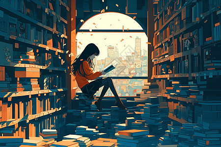 图书馆里的女子沉浸在书中图片