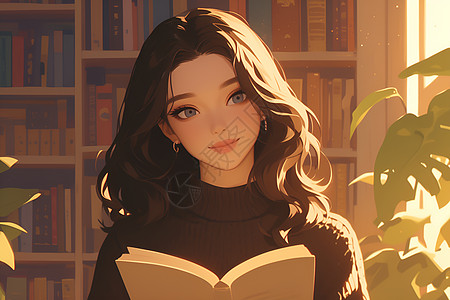 年轻美丽的女士在书店中图片
