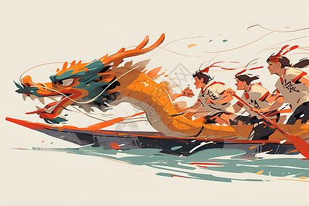 龙舟上划桨的人物插画图片