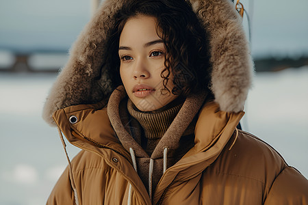 雪地中的女子穿着羽绒服背景图片