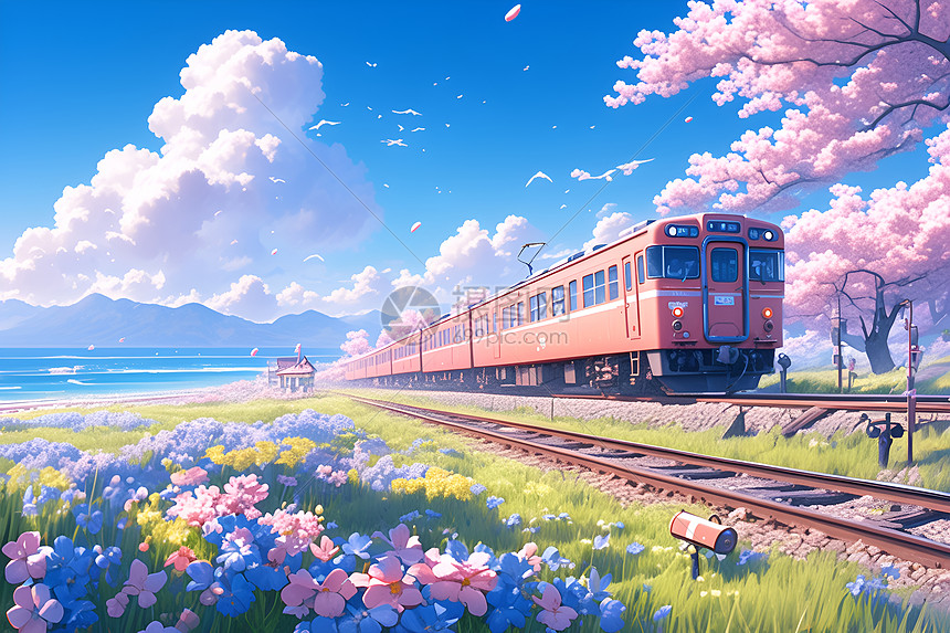 粉色火车穿越樱花树图片