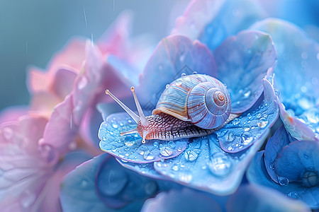 蓝色叶子上的蜗牛图片