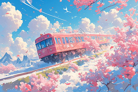 樱花列车飞驰图片