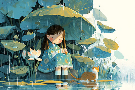 雨中少女与猫图片