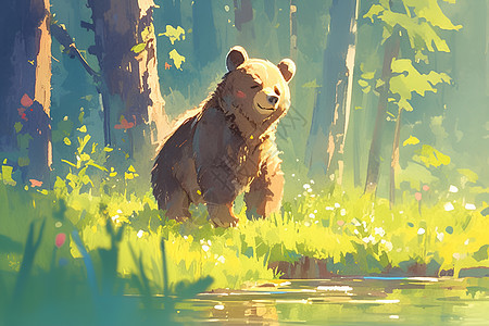 森林湖畔的棕熊图片