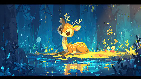 森林池塘边的小鹿图片