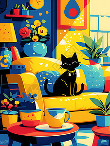 客厅沙发上的黑猫图片